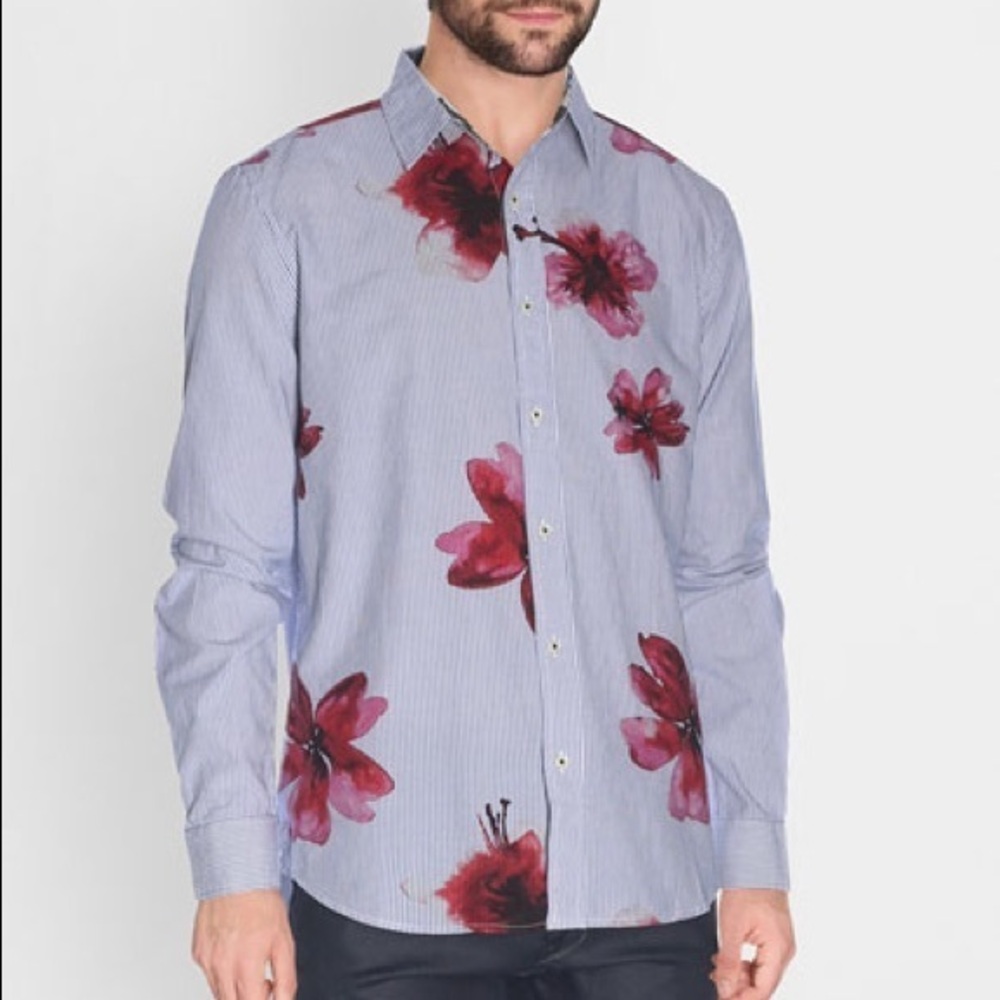 Desigual Mens Medium Striped Floral Button Down Shirt